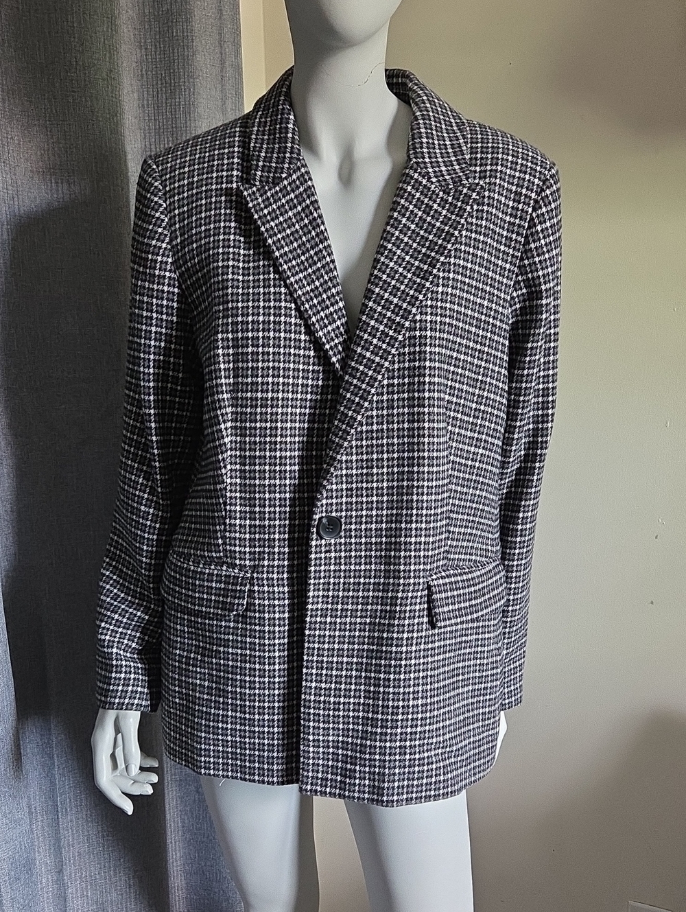 Simons Contemporaine Black White & Gray Houndstooth Check Single-Button Blazer
